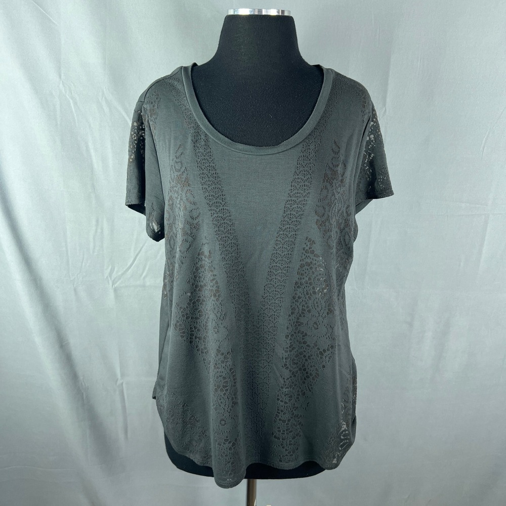Apt. 9 Blosue Top Women XL Charcoal Gray Intricate Sheer Lace Panel High Low Hem